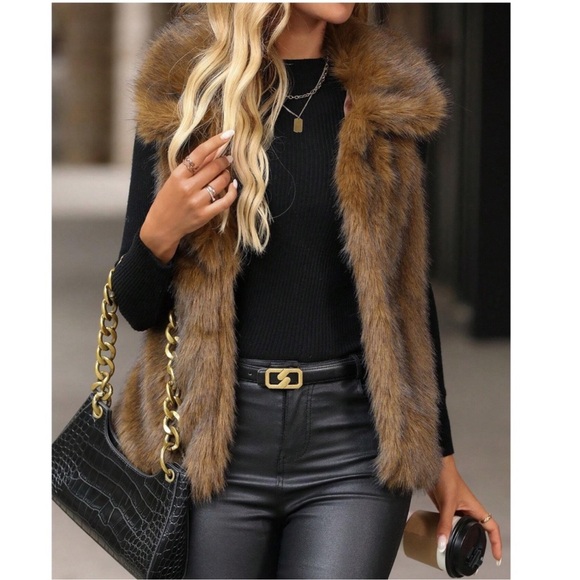 Luxe Vegan Fur Wide Collar Open Front Vest S M L XL - Picture 2 of 5